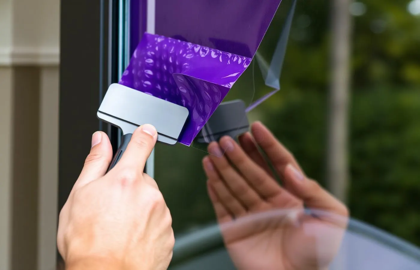 Installer scraping old purple window tint off glass