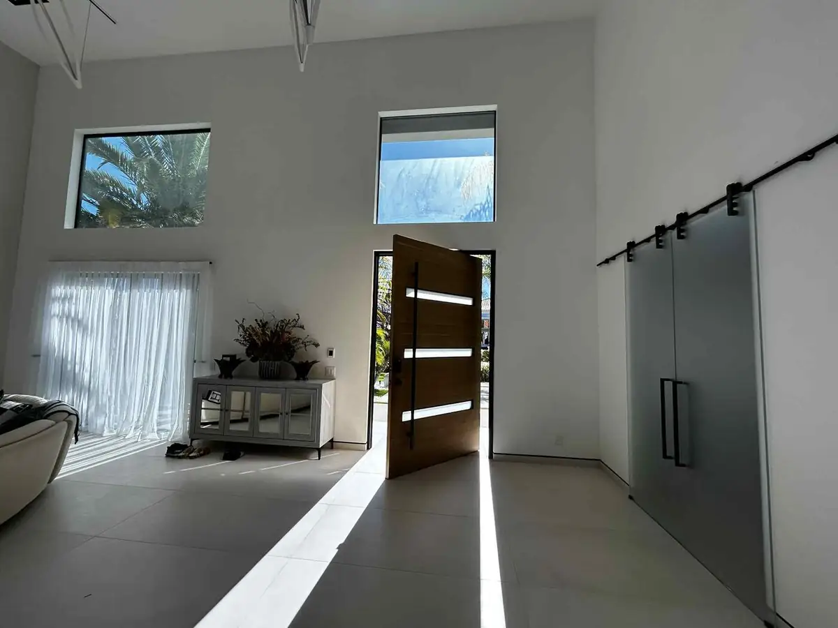Bright interior with untreated glass and heavy glare