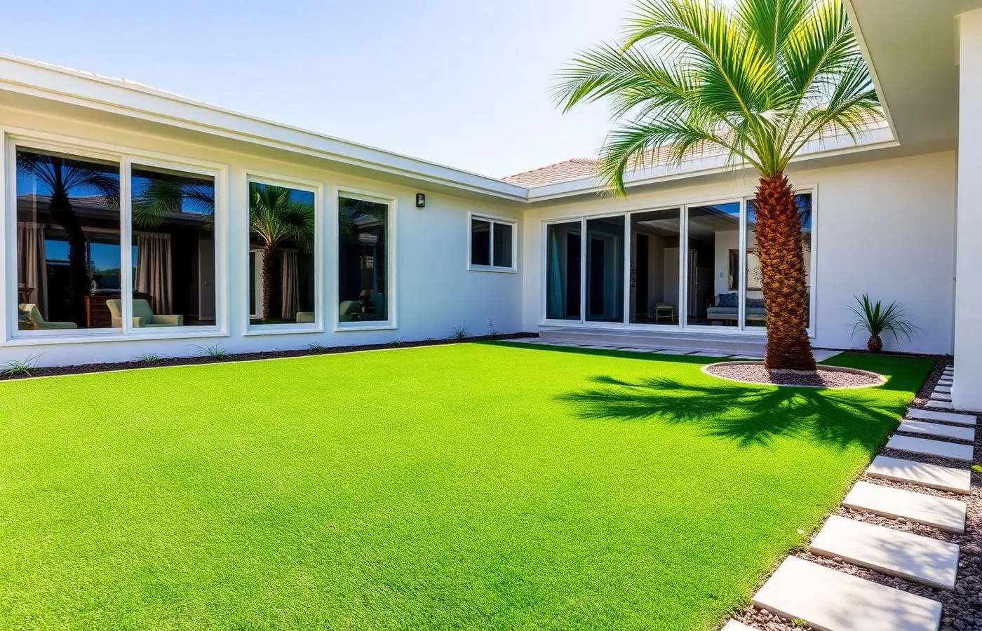 Home with artificial turf lawn beside large windows