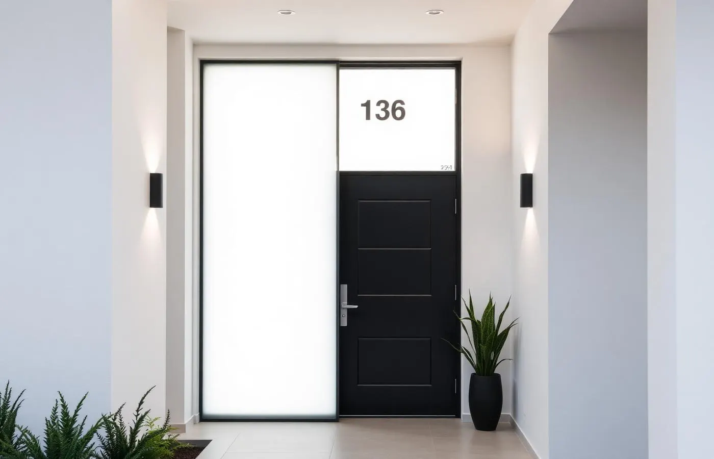 Entry door glass with white frost whiteout film