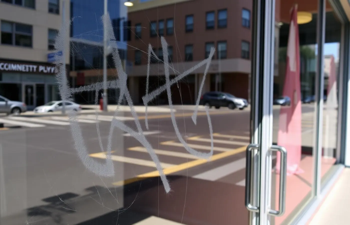 Storefront glass protected by clear anti-graffiti film