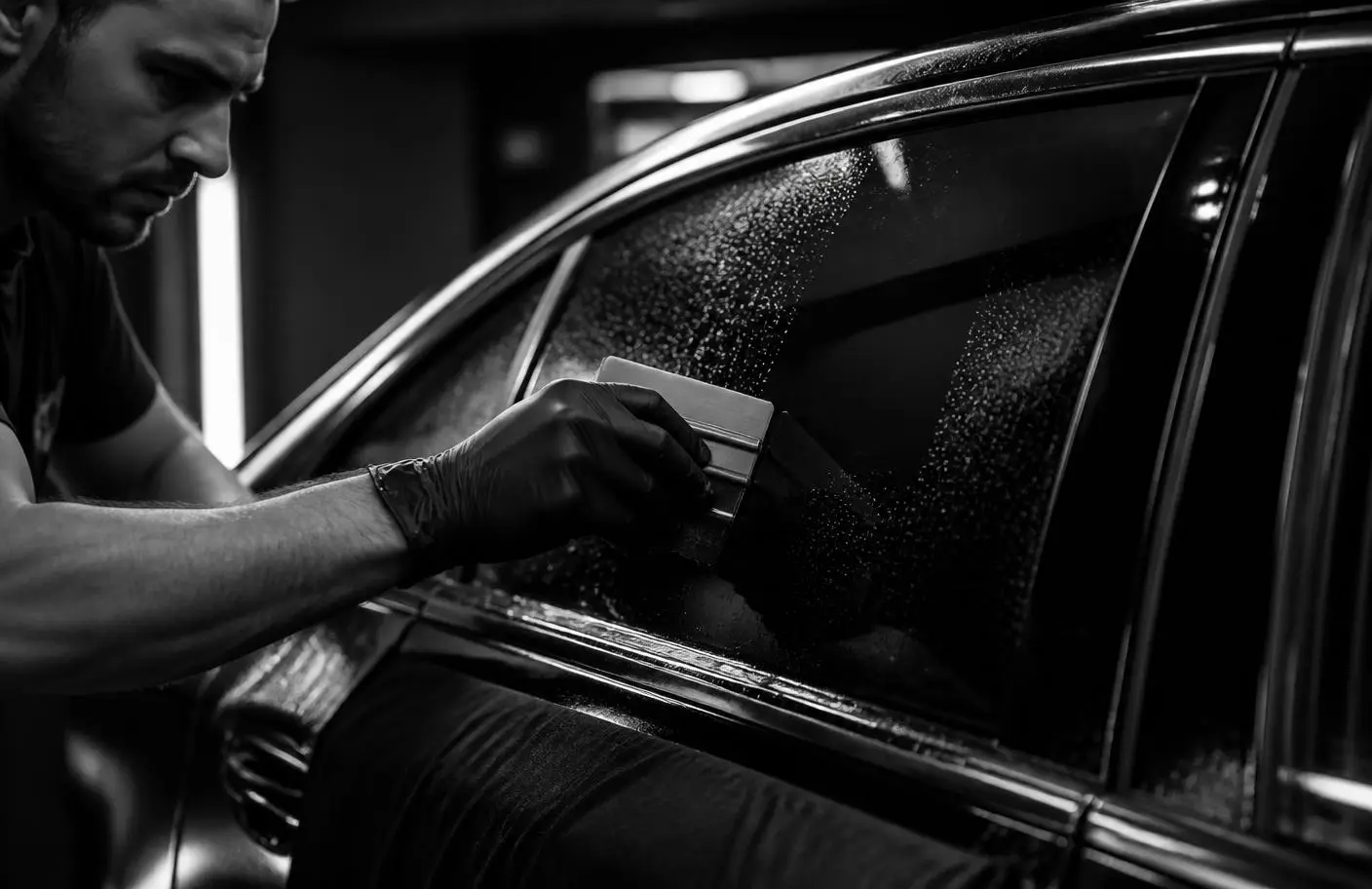 Installer applying ceramic tint film to a car window
