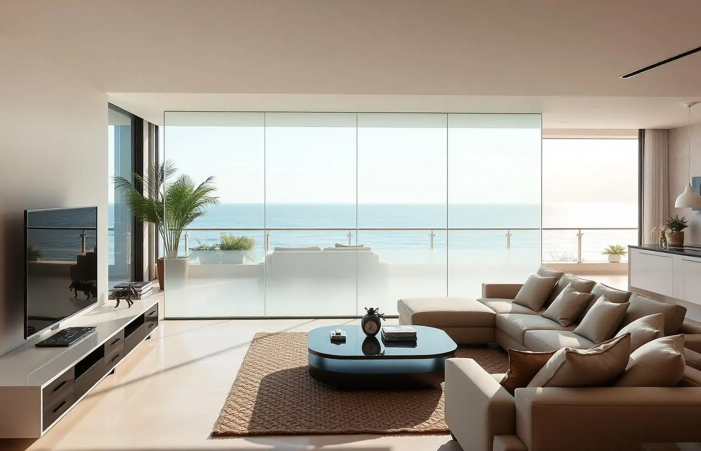 Living room with switchable smart privacy glass