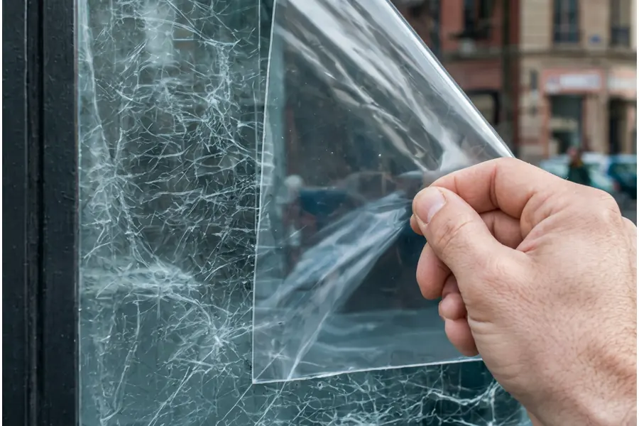 Storefront glass protected by clear anti-graffiti film