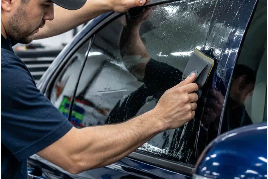 Installer applying ceramic tint film to a car window