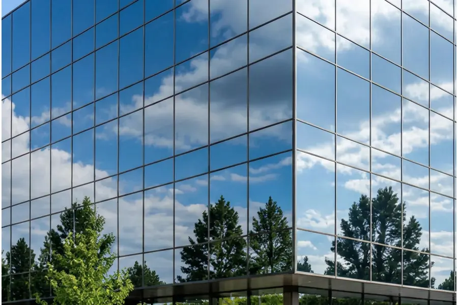 Reflective privacy film on a building's exterior glass