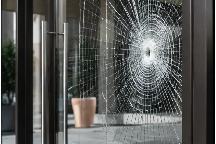Commercial storefront glass with security film applied