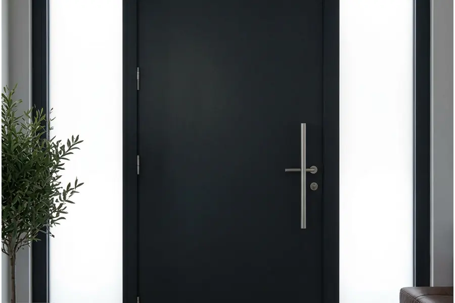 Entry door glass with white frost whiteout film